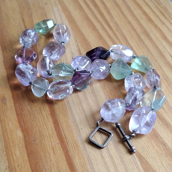 Sterling Silver Multi Chunky Faceted Gemstone Fluorite Amethyst Quartz Choker - Picture 5 of 5